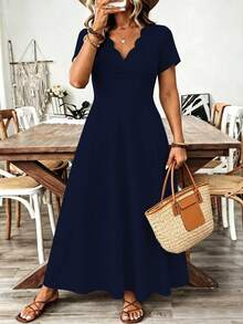 Breezaya Plus Size Women's Wavy Collar Fashion Commuter Long Dress - Navy Blue - View 1