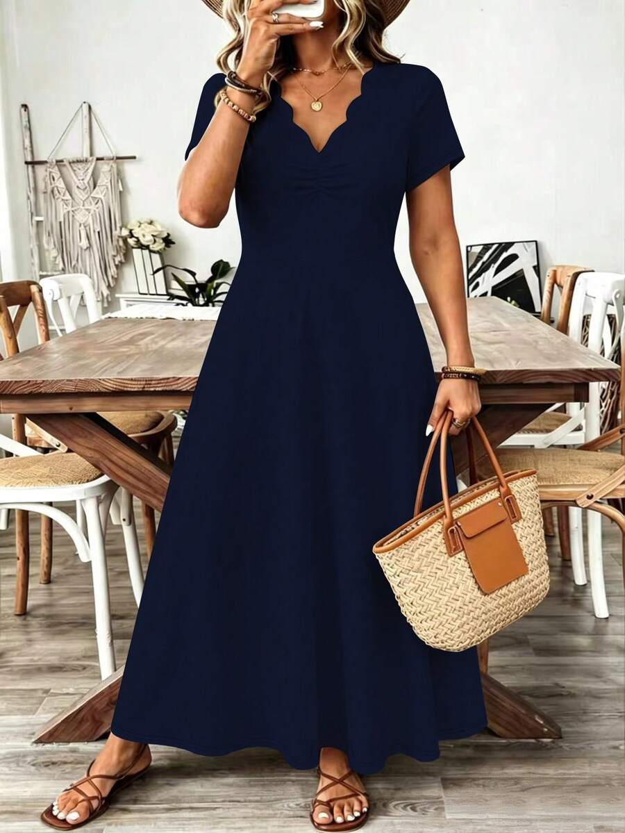 Breezaya Plus Size Women's Wavy Collar Fashion Commuter Long Dress - Navy Blue - View 1