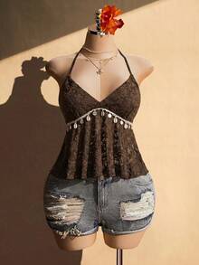 SHEIN ICON Plus Size Knitted Halter Shell Tassel Decor Babydoll Backless Camisole - Brown - View 5
