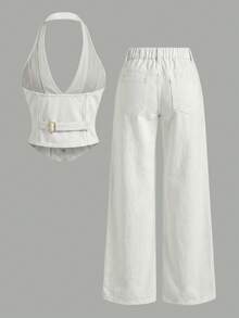 Sweetra Sophisticated Elegant Women's Denim Outfit For Outings - White - View 2