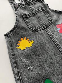 Young Boy Colorful Cartoon Dinosaur Print Pocket Denim Overalls - Light Grey - View 4