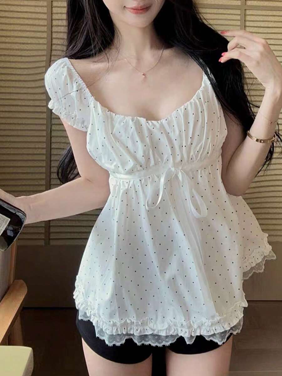 INAWLY Summer Puff Sleeve Polka Dot Square Neck Short Sleeve Women's Ruffle Lace Hem Top - Apricot - View 1