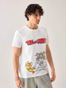 Strevion TOM & JERRY 男士极简主义汤姆掉进冰洞图案印花圆领短袖T恤，夏季 - 白色 - 查看 5