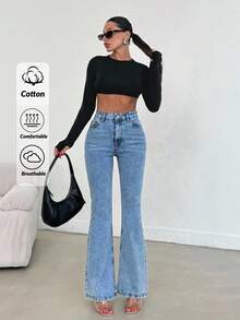 SHEIN Cottnline بنطلون جينز نسائي كاجوال عادي خصر عالي مطاطي مقاس كبير بقصة واسعة من الأسفل لون أزرق فاتح للصيف - أزرق فاتح - مشاهدة 5