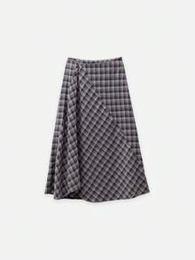 Nöista Diagonally Patchwork Plaid Maxi Skirt, A-Line , Casual Elegant.  Versatile Practical . Wardrobe Essential, Perfect Everyday . Fall Winter. - Pink - View 6