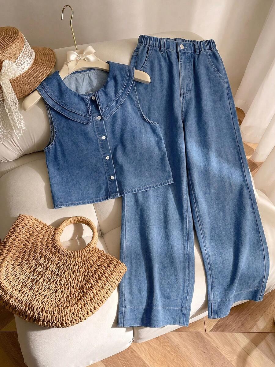 SHEIN 青少年女孩牛仔套裝,花卉裝飾背心上衣與寬鬆長褲,百搭兩件套 - 淺色水洗藍 - 查看 1