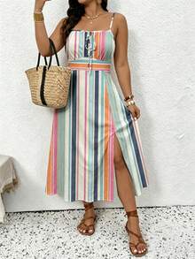 SHEIN Frenchy Plus Size Women's Striped Drawstring Bust Tie Cinched Waist Side Slit Hem Cami Dress - Multicolor - View 4