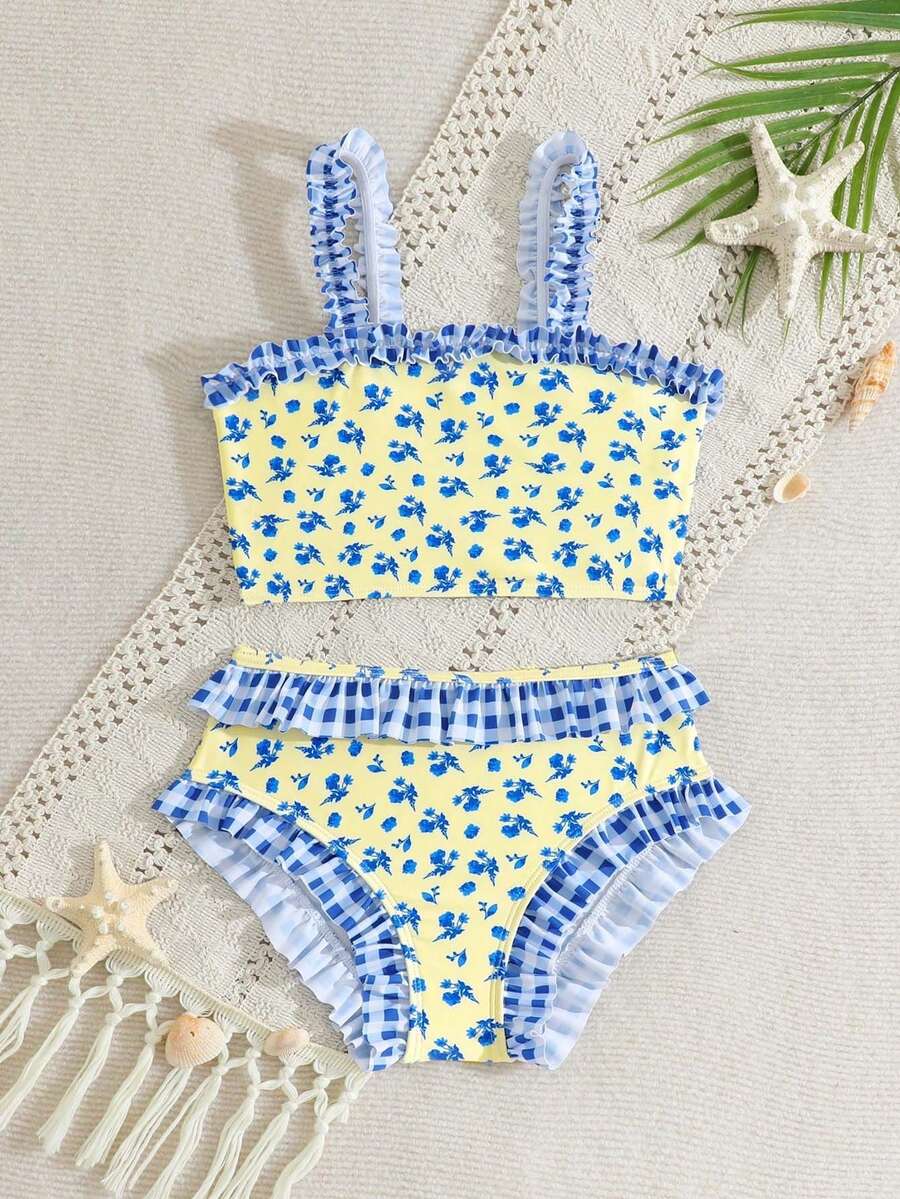 Souflis Souflis 两件套女童连体泳衣，休闲黄蓝碎花图案，蓝色格子荷叶边装饰，针织面料，时尚优雅运动风，可爱又百搭，适合游泳、海滩、泳池、拍照、送礼、水上乐园、水疗中心、夏季假期、海滩派对等场合。