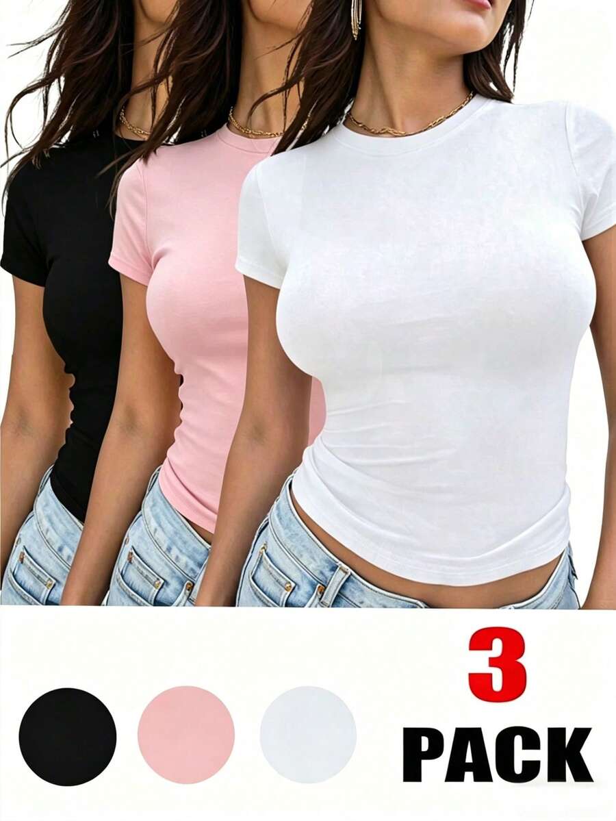 INAWLY Solva Women's Basic Solid Color T-Shirt Top 3 Pieces Set - Multicolor - View 1
