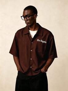 STYNVO Men's Striped Print Letter Embroidery Shirt, Ceremony - Brown - View 5