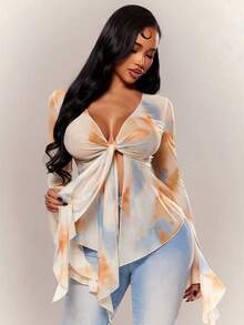 Radiana Women's Autumn Sexy Elegant Chic Sheer Mesh Print Long Sleeve Top, Sexy V-Neck Top, Flare Sleeve Top, Flowy Mesh Top, Front Tie Closure Ruffle Hem Top, Elegant Top, Casual Top, Fashion Casual Sexy Tie-Dye Print Sheer Mesh Flare Sleeve Top, Tie Top, Suitable For Daily Casual Outings, Dates, Gatherings, Parties, Music Festivals, Vacations, Beaches, Holidays, Concerts, Carnival Parties, Versatile Top - Multicolor - View 1