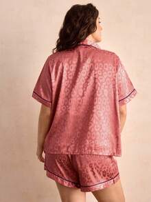 Charlaine Plus Leopard Jacquard Contrast Piping Satin PJ Set / Pajama Set - Rusty Rose - View 3