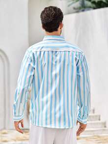 Mercer Haus Men's Light Blue Striped Collar Long Sleeve Polyester Shirt, Casual, Button, Button Front, Ribbed, Spring/Fall, Button Down Shirt, Comfortable Gift For Father/ Husband - Baby Blue - View 3