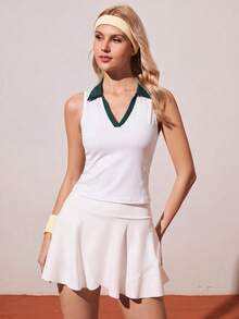 Gameset SHEIN Sport Kemeja Polo Lengan Pendek Kasual Serbaguna Wanita dengan Kombinasi Warna untuk Berpergian dan Berolahraga. - Putih - View 3
