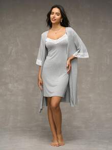 SHEIN 2 件套蕾丝拼接睡袍睡衣套装 - 灰色 - 查看 6