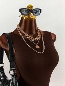 Amplova Women's Solid Color Round Neck Casual Tank Top Style Fitted Romper - Brown - View 7