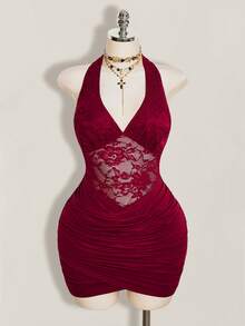SHEIN ICON Plus Size V-Neck Halter Backless Waist Hollow Lace Patchwork Bodycon Dress - Burgundy - View 3