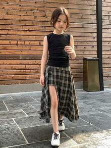 Hapijoa 青少年女孩夏季休閒素色背心上衣 & 格紋不對稱下擺裙 2件套 - 黑色 - 查看 5