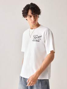 Strevion TOM & JERRY Men's Casual Versatile Simple Cat & Mouse Coconut Tree Print Short Sleeve T-Shirt - White - View 4