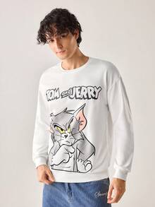 Strevion TOM & JERRY 男士休闲 Thinking Tom 字母印花圆领长袖卫衣，春秋季 - 白色 - 查看 4