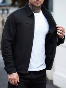 Manfinity Homme Chaqueta con cremallera y bolsillo en diagonal de manga larga para hombre, otoño - Negro - Ver 3