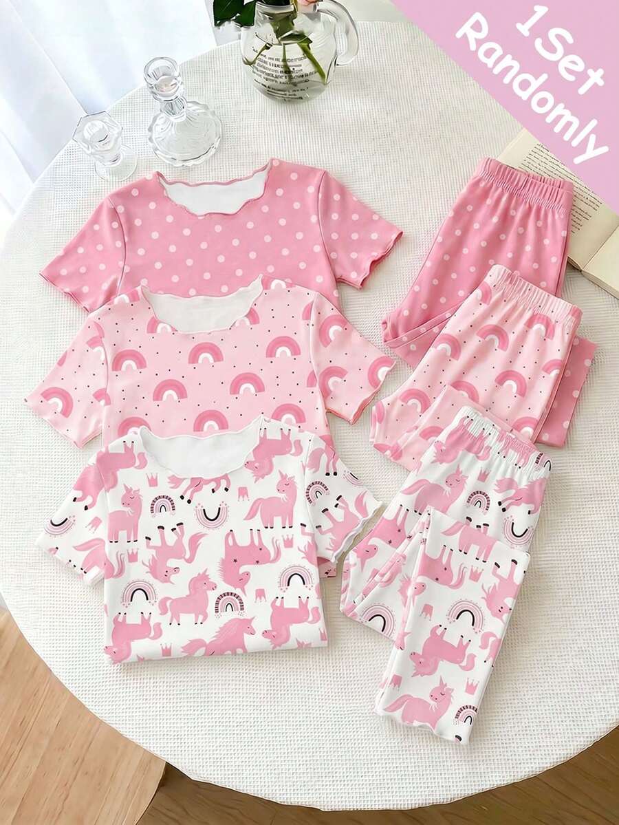 SHEIN 【1套隨機】2件組女嬰睡衣,荷葉邊下擺短袖上衣+長褲,粉色白色波點彩虹獨角獸印花,柔軟針織 - 白色 - 查看 1
