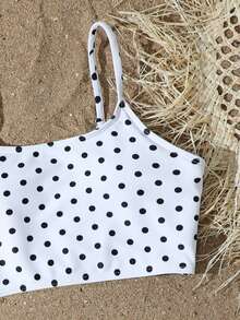 SHEIN Tween Girls Bikini Sets, This Is A Two Pieces Casual Swimsuit For Girls, Made Of Brown Striped Digitally Printed Polyester Fabric With A Triangle Bottom Design. It's A Stylish And Casual Swimsuit, Perfect For Girls' Summer Vacations And Swimming. Suitable For Vacation, Beach, Seaside, Summer, Spring Break, Summer Vacation - White - View 4