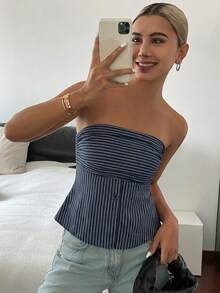 DAZY 女款休閒度假夏季全花卉植物印花可愛平口上衣 - 藍色 - 查看 5