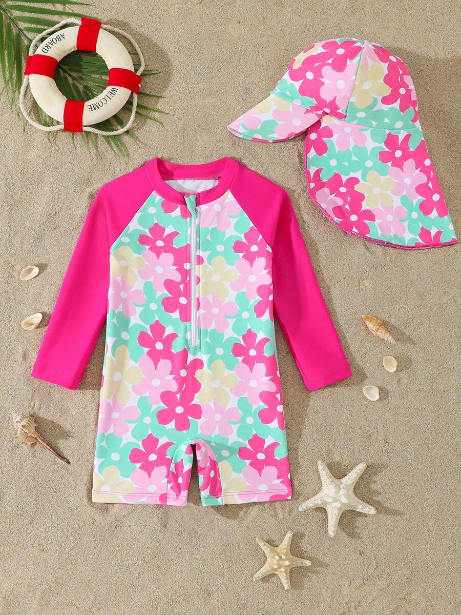 Baby Girl Floral Print Color Block Long Sleeve Romper Swimsuit And Hat Set Suitable For Summer Vacation - Hot Pink - View 1
