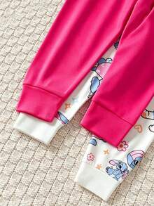 4pcs/Set Baby Girl Short Sleeve Long Pants Pink & White Knit Round Neck Rabbit & Puppy Cartoon Pattern Cute Fitted Casual Minimalist Comfortable Soft High Elasticity Loungewear Summer - Hot Pink - View 7