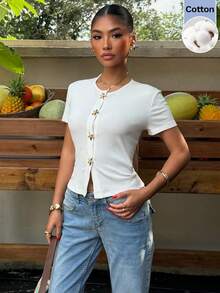 Muchica Women's Metal Starfish Decor Short Sleeve Casual Knit T-Shirt - White - View 4