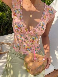Sunnyshic 女款夏季休閒甜美度假時尚百搭街頭派對花卉網格印花拼接撞色蕾絲飾邊方領短帽袖修身短版T恤 - 西瓜粉 - 查看 3