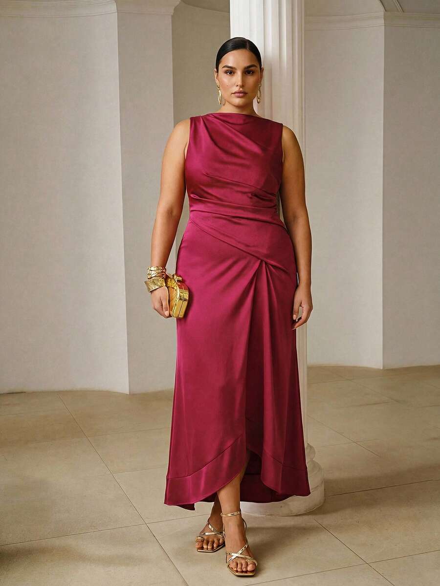 ZEYLAH Vestido asimétrico fruncido, talla grande, primavera/verano - Rosa Roja - Ver 1