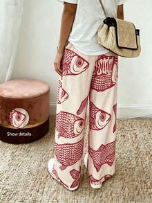 EMERY ROSE Women's Casual Vacation Pink Base Big Fish Print Waist Drawstring Design Wide Leg Pants, Autumn Vacation - Red - View 3