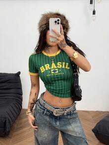 Coolane 女款夏季街頭風酷感籃球球衣設計字母印花白色上衣 巴西版 - 綠色 - 查看 5