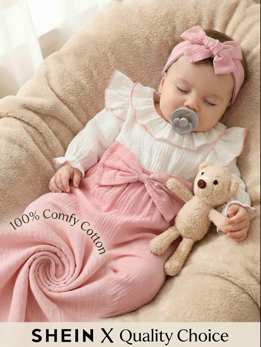 SHEIN Baby Girls' Pink Autumn Cute Matching Family Jumpsuit Double-Layer Ruffle Collar Long Sleeve Patchwork Bow Bodysuit With Detachable Headband Simple - Pink - View 1