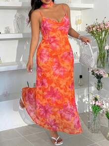 GalTyme Plus Size Women's Elegant Floral Print Spaghetti Strap Vacation Dress - Multicolor - View 7