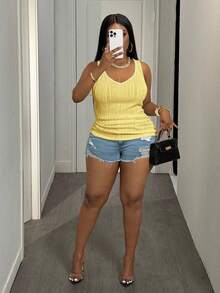 Slaydiva Plus Size Women's Casual Basic Tank Top, Deep V-Neck And Fine Ribbed Texture, White - Light Yellow - View 3