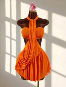 Amplova Sleeveless Draped Neck Bodycon Mini Dress - Orange - View 7