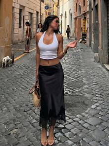 Firerie 女款優雅精緻浪漫極簡時尚通勤日常百搭情人節約會度假拼色高腰蕾絲拼接透視黑色裙子 - 黑色 - 查看 3