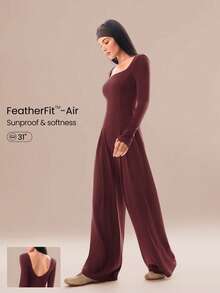 GLOWMODE FeatherFit™-Air 防曬工作休閒方領露背寬腿長袖連身衣 拇指孔設計 日常休閒穿搭 可拆式胸墊 - 酒紅色 - 查看 1
