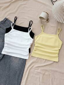 SHEIN Tank Top Dalaman Rajut Hitam Putih Musim Semi/Panas untuk Anak Perempuan Remaja, Paket Multi, Beli 1 Gratis 2 - MultiWarna - View 2