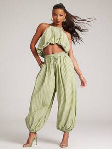 NYA SZN Matching Set Top & Pant Halter Top Balloon Hem Striped Barrel Leg Trouser Jogger Warm Weather Club Day Outfits For Women - Green - View 4