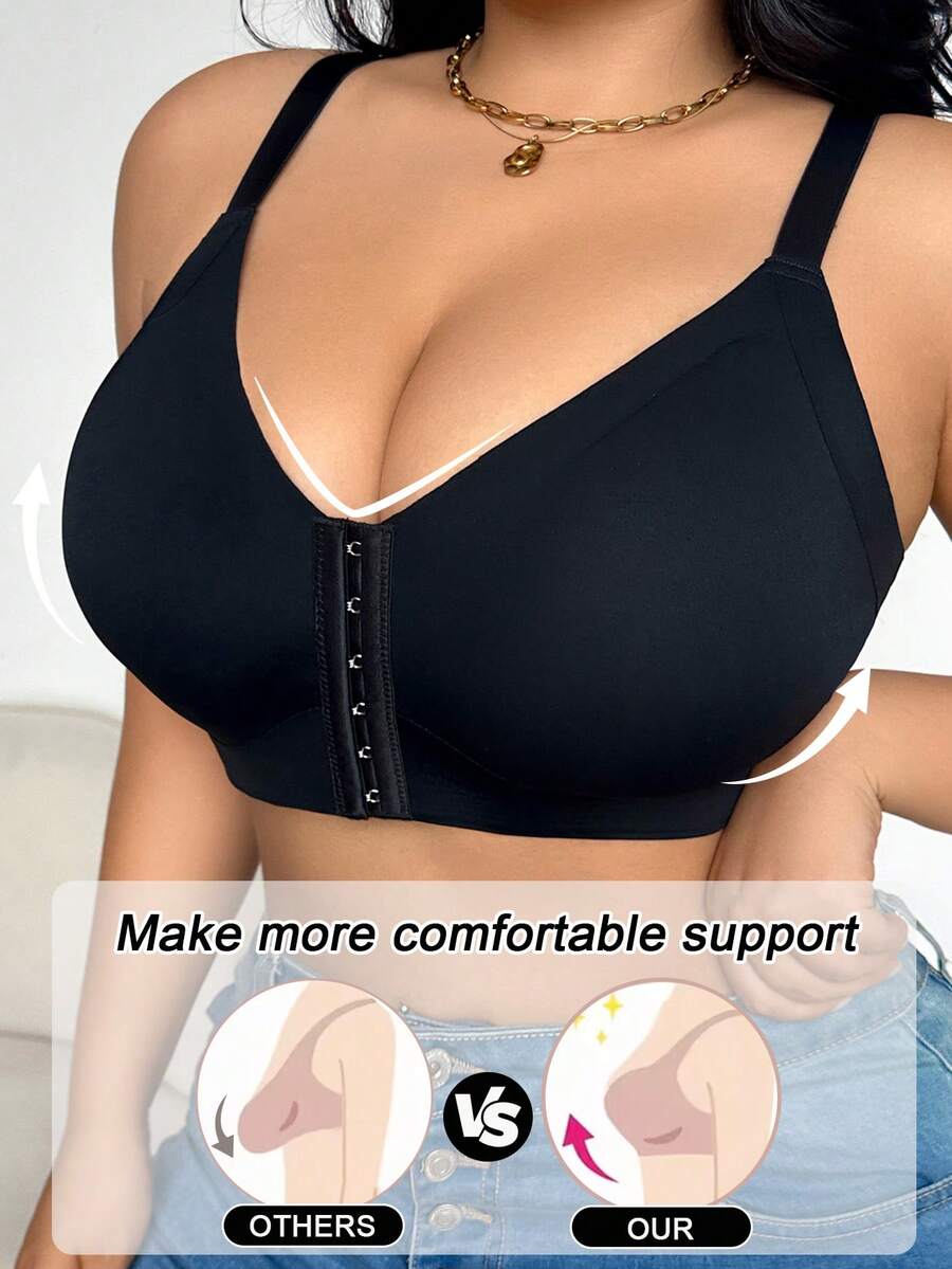 SHEIN Plus Size Women Front Closure Bra - Black - View 1