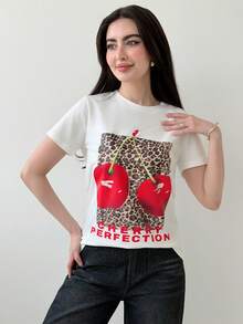 Yasmeen Edit Yasmeen Edit Leopard Print Cherry Graphic Round Neck Casual Short Sleeve T-Shirt For Women White Summer - White - View 5