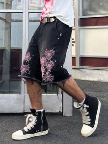 STEELVANCE Men's Spider Web Print Denim Shorts - Black - View 2