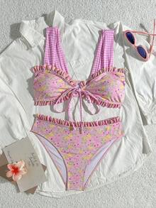 Swim Mod Girls Sweet 2pcs Floral Random Print Wide Strap Tie Front Triangle Bikini Swimsuit Set - Multicolor - View 7