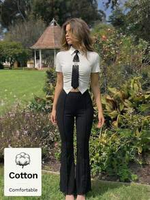 SHEIN MOD Woman Cotton Ribbed Solid Collared Short Sleeve Crop White Preppy Streetwear Y2k Basic Casual Top Daily Wear Back To School Spring Summer Golf - White - View 5