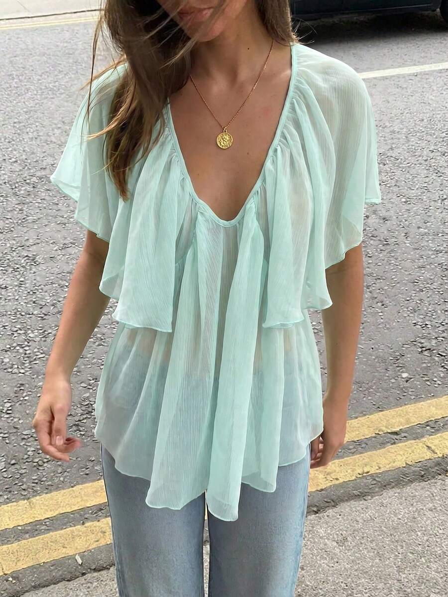 Aloruh Deep V-Neck Romantic Ruffle Trim Blouse,Summer Top - Green - View 1