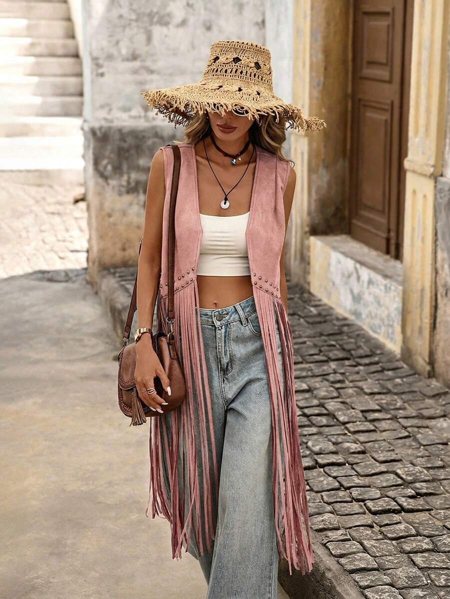 Brillora Chaleco abrigo con detalle de tachuelas y dobladillo con flecos para otoño/invierno - Rosa - Ver 1